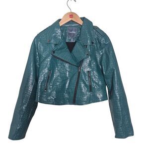 Modcloth Teal Crocodile Faux Leather Moto Jacket Size Medium Edgy Biker Zippers